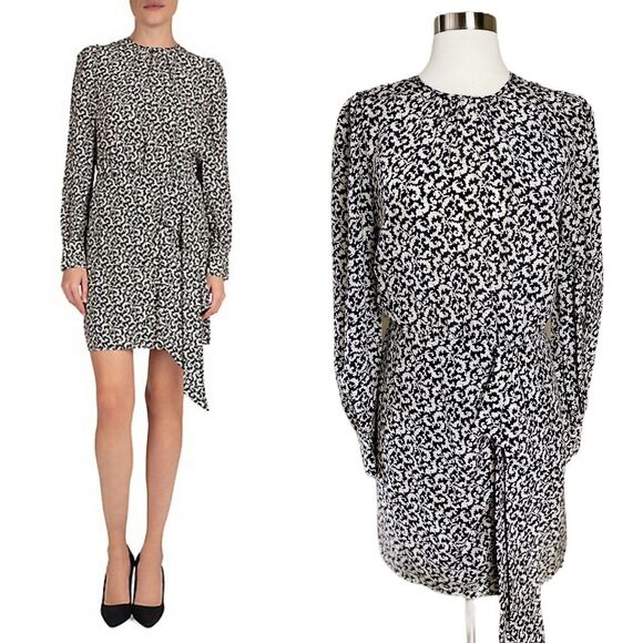 THE KOOPLES Silk Mini Dress Baroque Lace-Print Long Sleeve Black Cream Medium